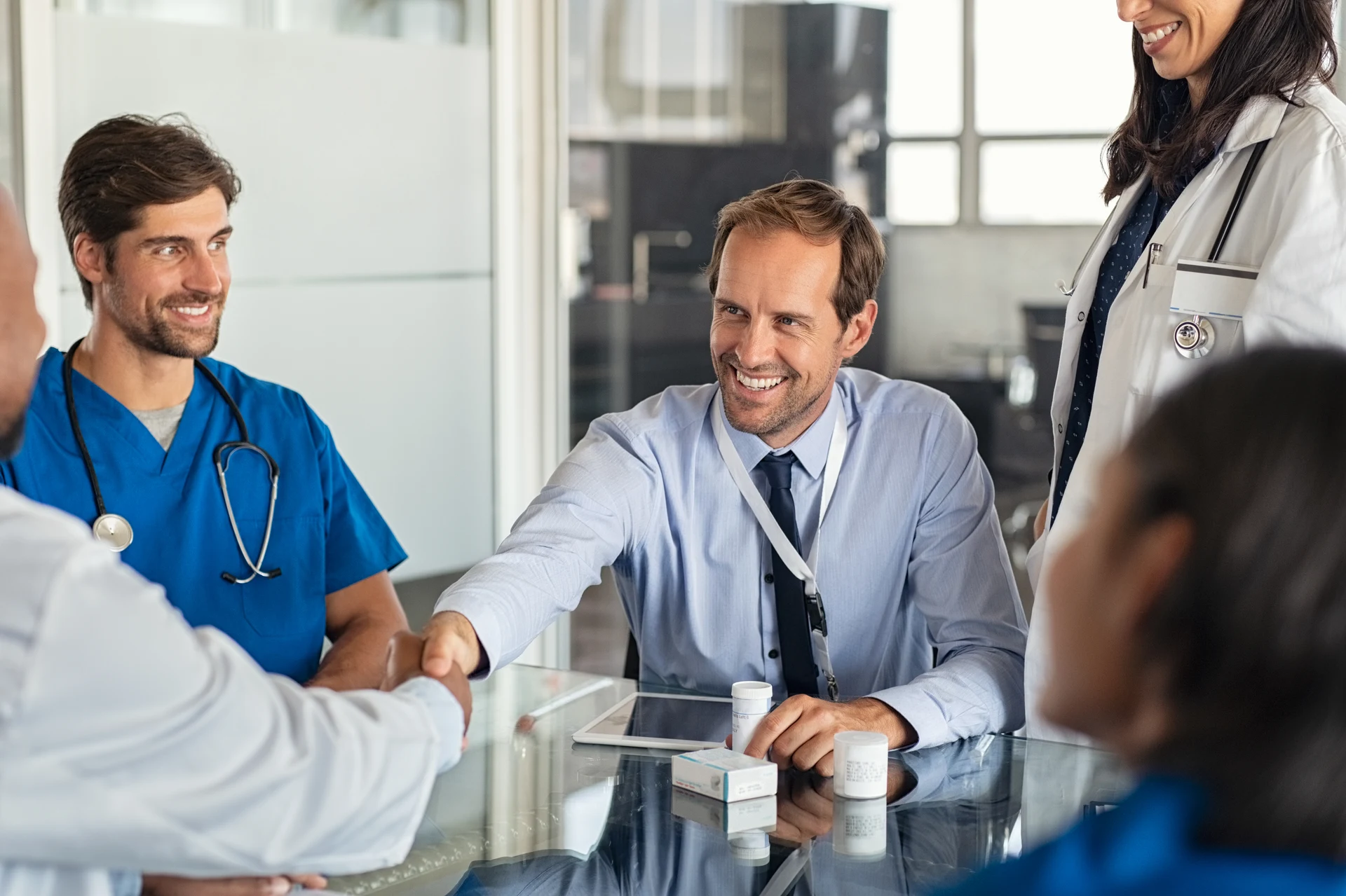 Medical and business professionals collaborating on health and wellness products